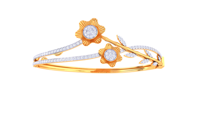 Floral Radiance Dual-Band Gold Bangle - 0.96 Ct Pave Set Diamond Bracelet