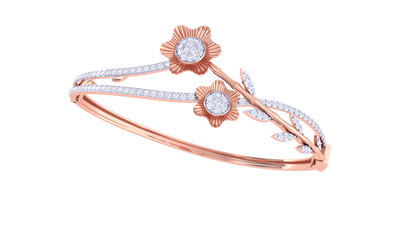 Floral Radiance Dual-Band Gold Bangle - 0.96 Ct Pave Set Diamond Bracelet