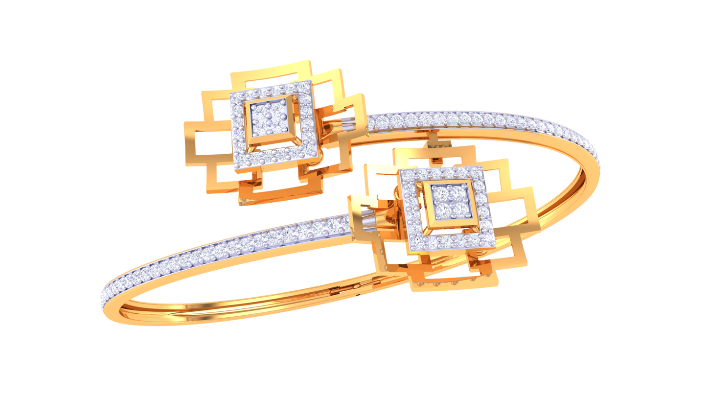 Square Motif Gold Bangles With Nested Geometry - 0.93 Ct Sparkling Diamonds