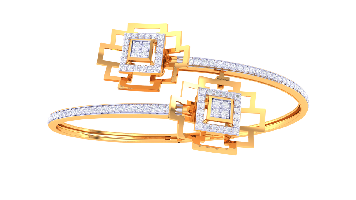 Nested Rings Geometry Square Motif Gold Bangles With Nested Geometry - 0.93 Ct Sparkling Dia ...