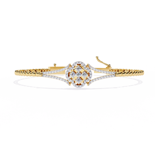 Diamond Clover Cluster Bangle Bracelet with Dual Gold Chain - 0.50 Ct