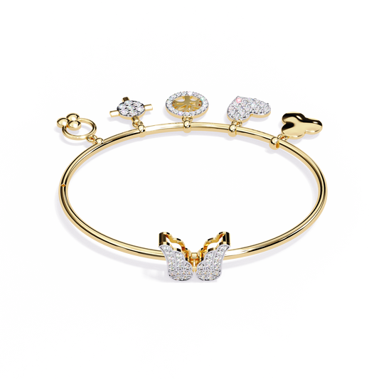 "Enchanted Flutter" Diamond & Gold Charm Bangle Bracelet - 0.93 Ct