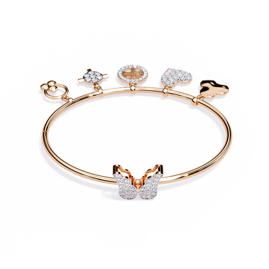 "Enchanted Flutter" Diamond & Gold Charm Bangle Bracelet - 0.93 Ct