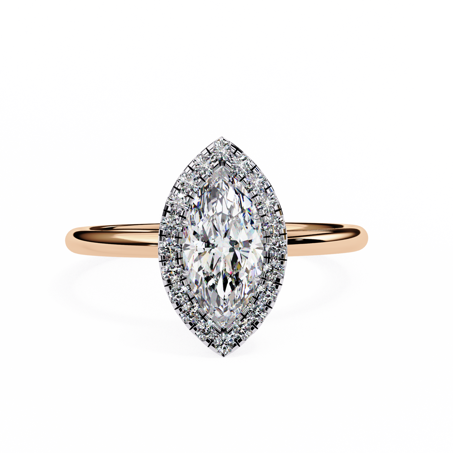 The Velvet Petal: (0.98 CTW) Marquise Diamond Halo Ring in Solid Gold