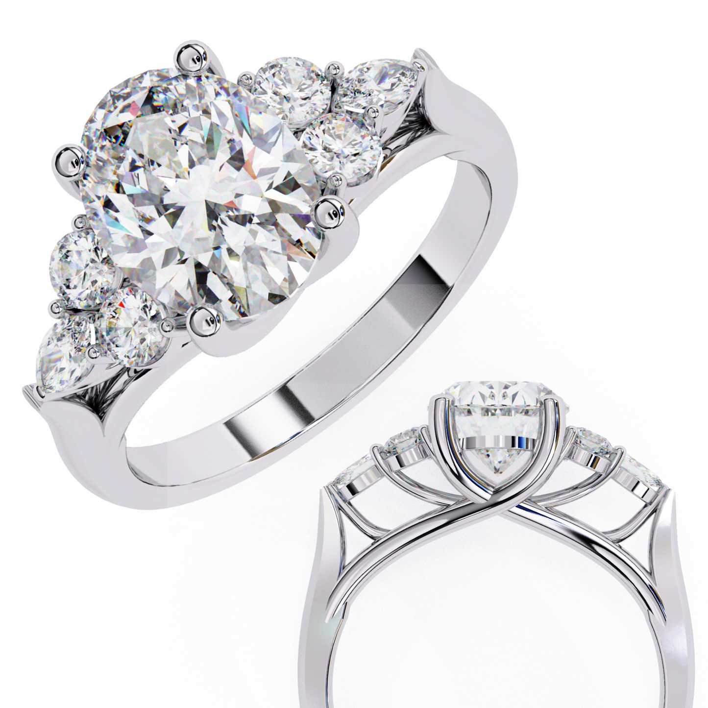 2.51 Ct Oval Majesty Multi-Stone Cluster Diamond Ring in Two-Tone Gold