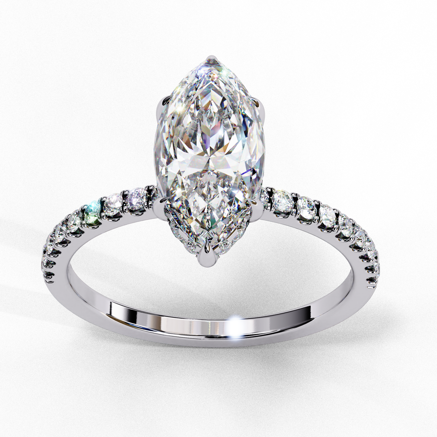 The Classic: Elegant Marquise Diamond Engagement Ring with Pave Set Band- 1.72 Ct