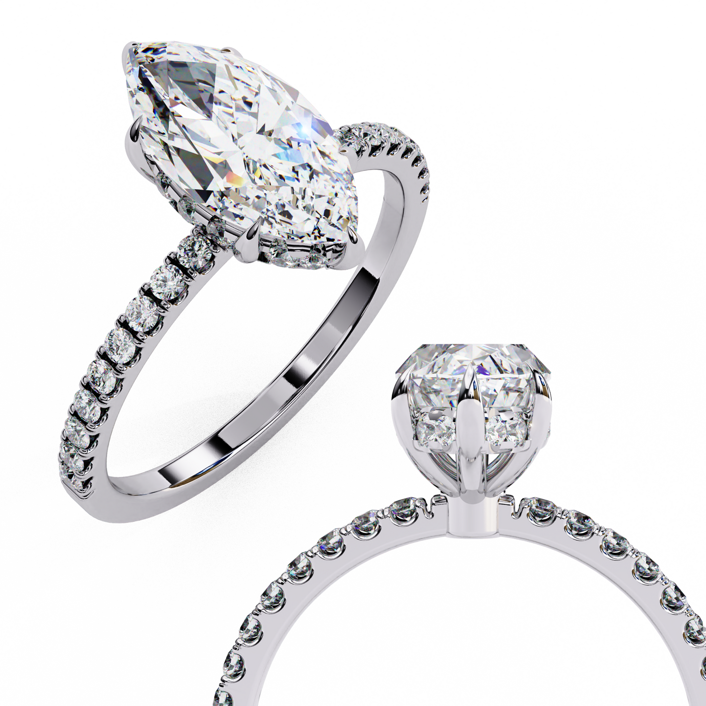 The Classic: Elegant Marquise Diamond Engagement Ring with Pave Set Band- 1.72 Ct
