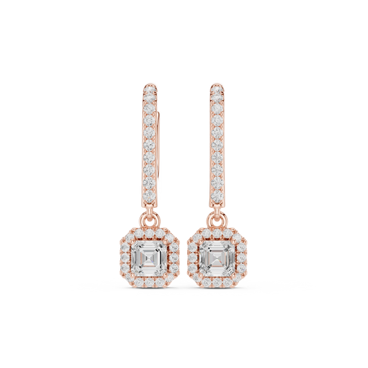 0.83 Carat Asscher Cut Diamond Halo Drop Huggie Earrings - Yellow Gold