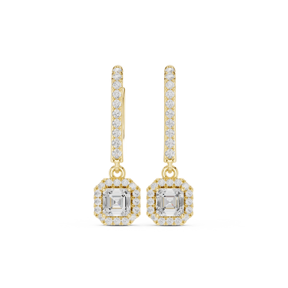 0.83ctw Asscher Cut Diamond Halo Drop Huggie Earrings - Yellow Gold