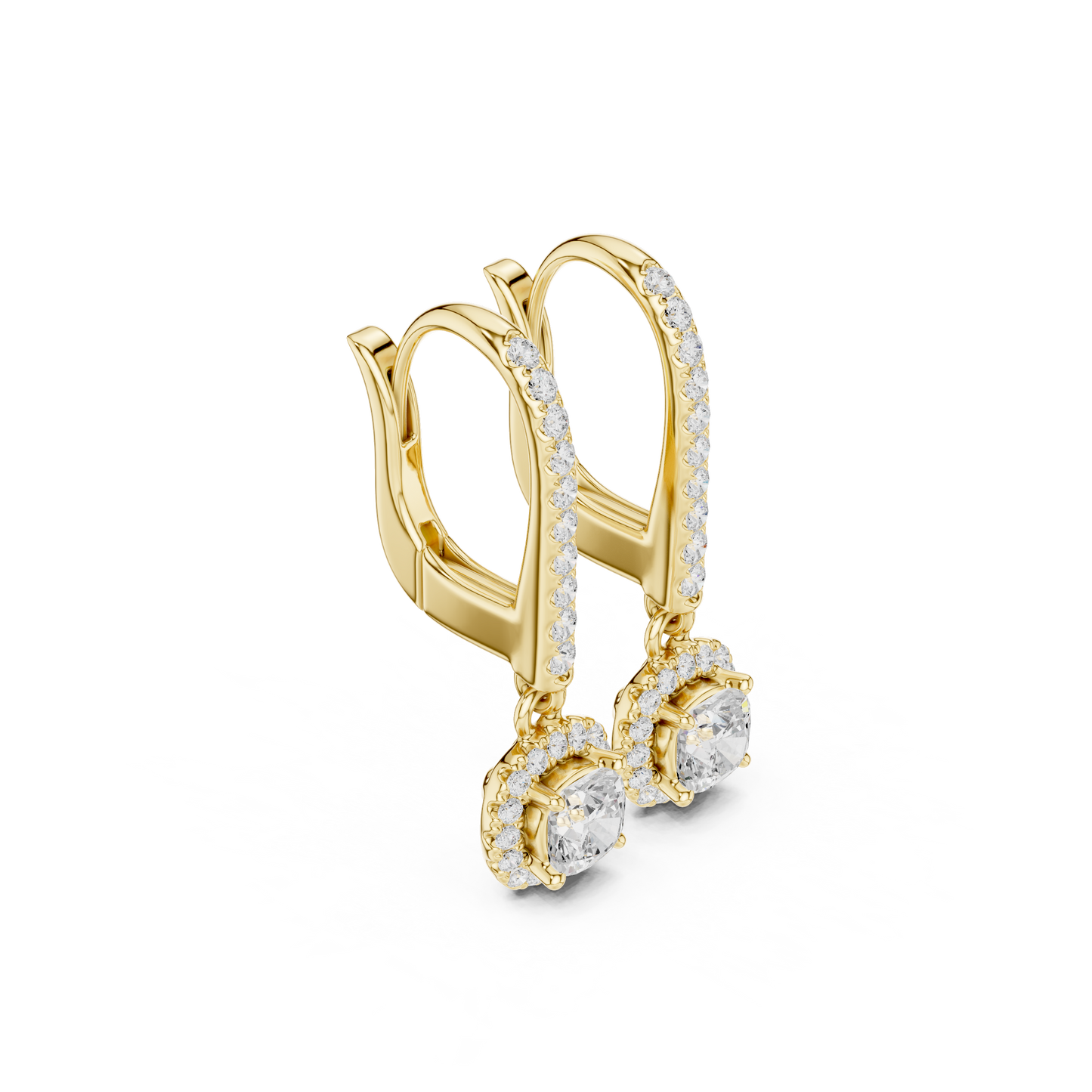 0.80ctw Cushion Cut Diamond Halo Drop Huggie Earrings - Yellow Gold