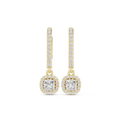 0.80ctw Cushion Cut Diamond Halo Drop Huggie Earrings - Yellow Gold