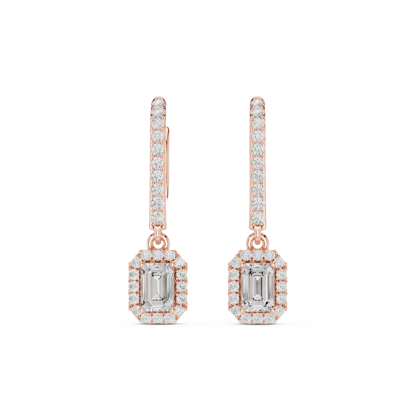0.83ctw Emerald Cut Diamond Halo Drop Huggie Earrings - Yellow Gold