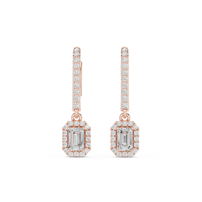 0.83ctw Emerald Cut Diamond Halo Drop Huggie Earrings - Yellow Gold
