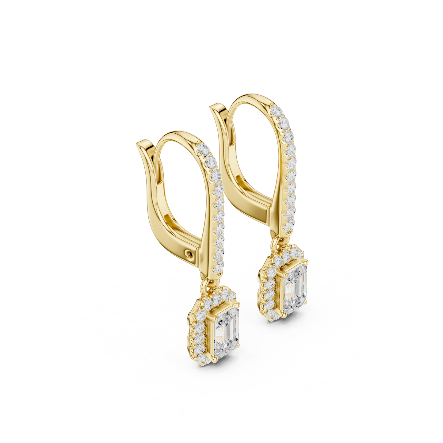 0.83ctw Emerald Cut Diamond Halo Drop Huggie Earrings - Yellow Gold