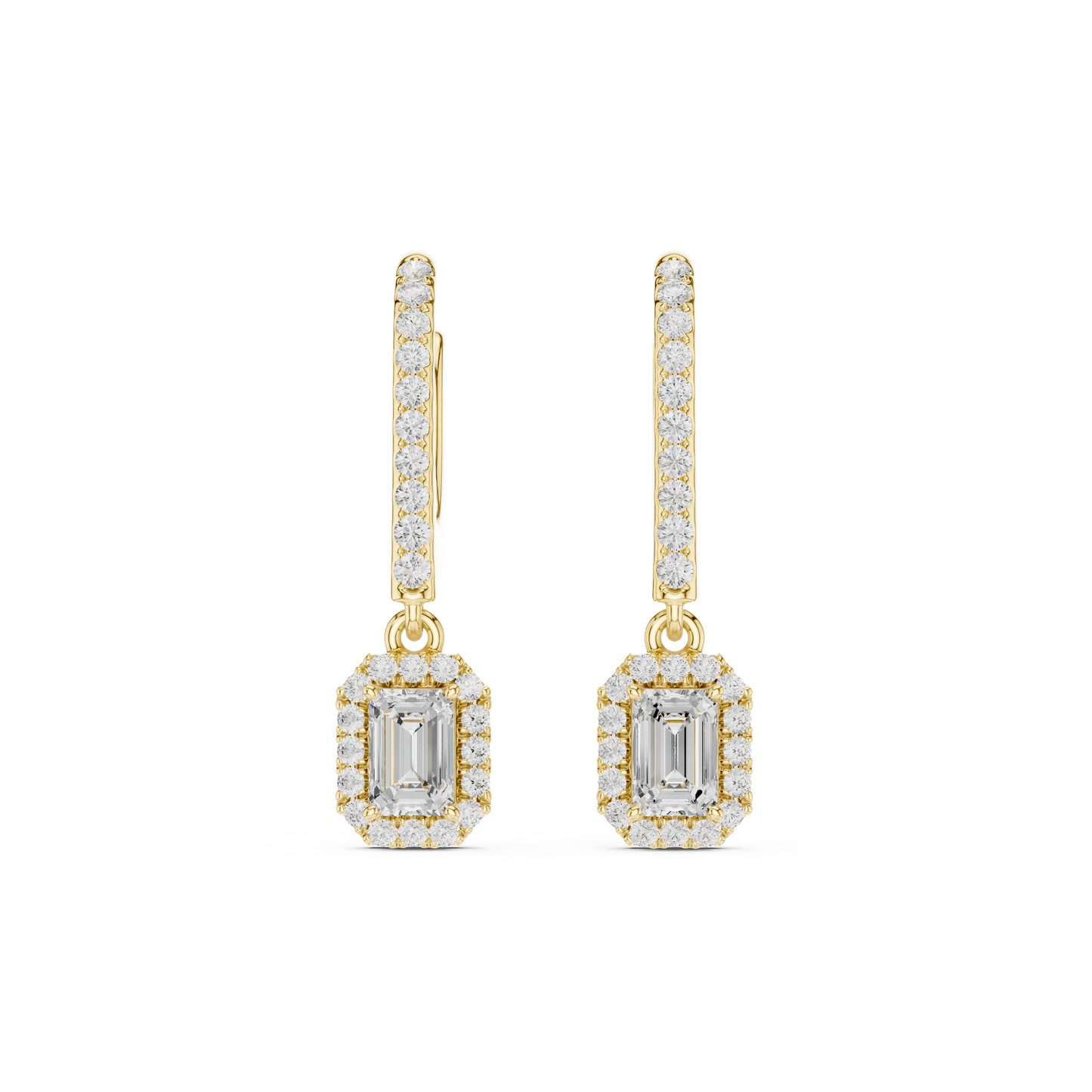 0.83ctw Emerald Cut Diamond Halo Drop Huggie Earrings - Yellow Gold