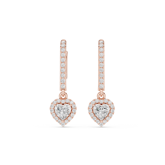 0.83 Carat Heart Shaped Diamond Halo Drop Huggie Earrings - Yellow Gold
