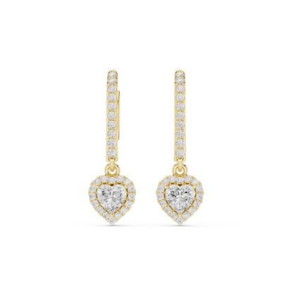 0.83ctw Heart Shaped Diamond Halo Drop Huggie Earrings - Yellow Gold