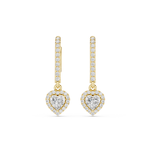 0.83 Carat Heart Shaped Diamond Halo Drop Huggie Earrings - Yellow Gold