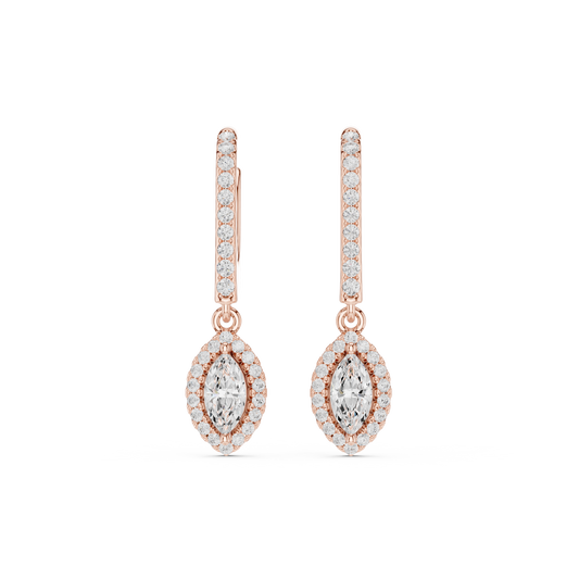 0.85 Carat Marquise Cut Diamond Halo Drop Huggie Earrings - Yellow Gold