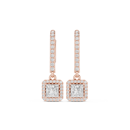 0.83ctw Princess Cut Diamond Halo Drop Huggie Earrings - Yellow Gold