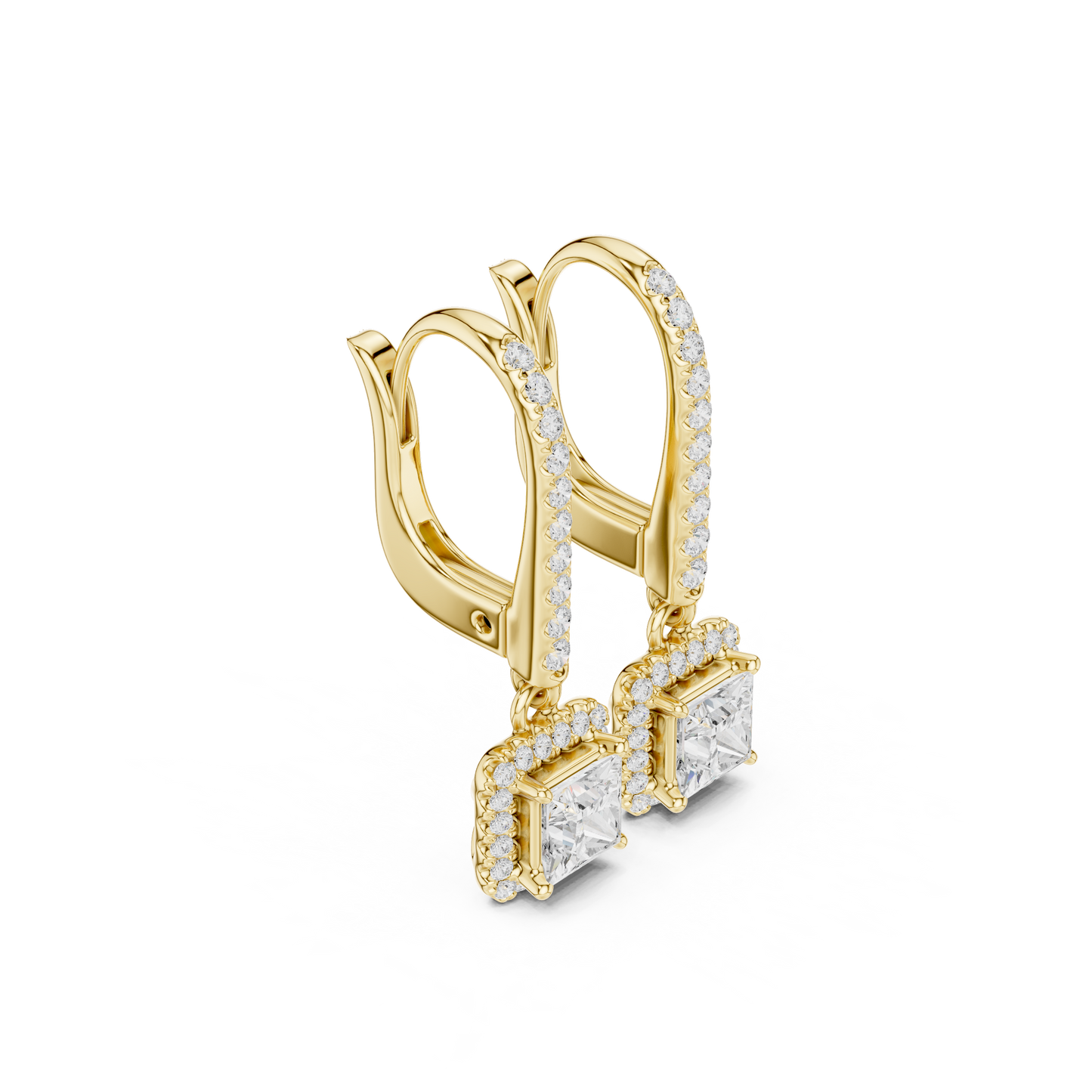 0.83ctw Princess Cut Diamond Halo Drop Huggie Earrings - Yellow Gold