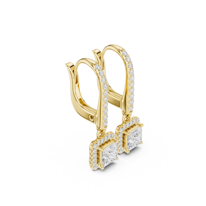 0.83ctw Princess Cut Diamond Halo Drop Huggie Earrings - Yellow Gold