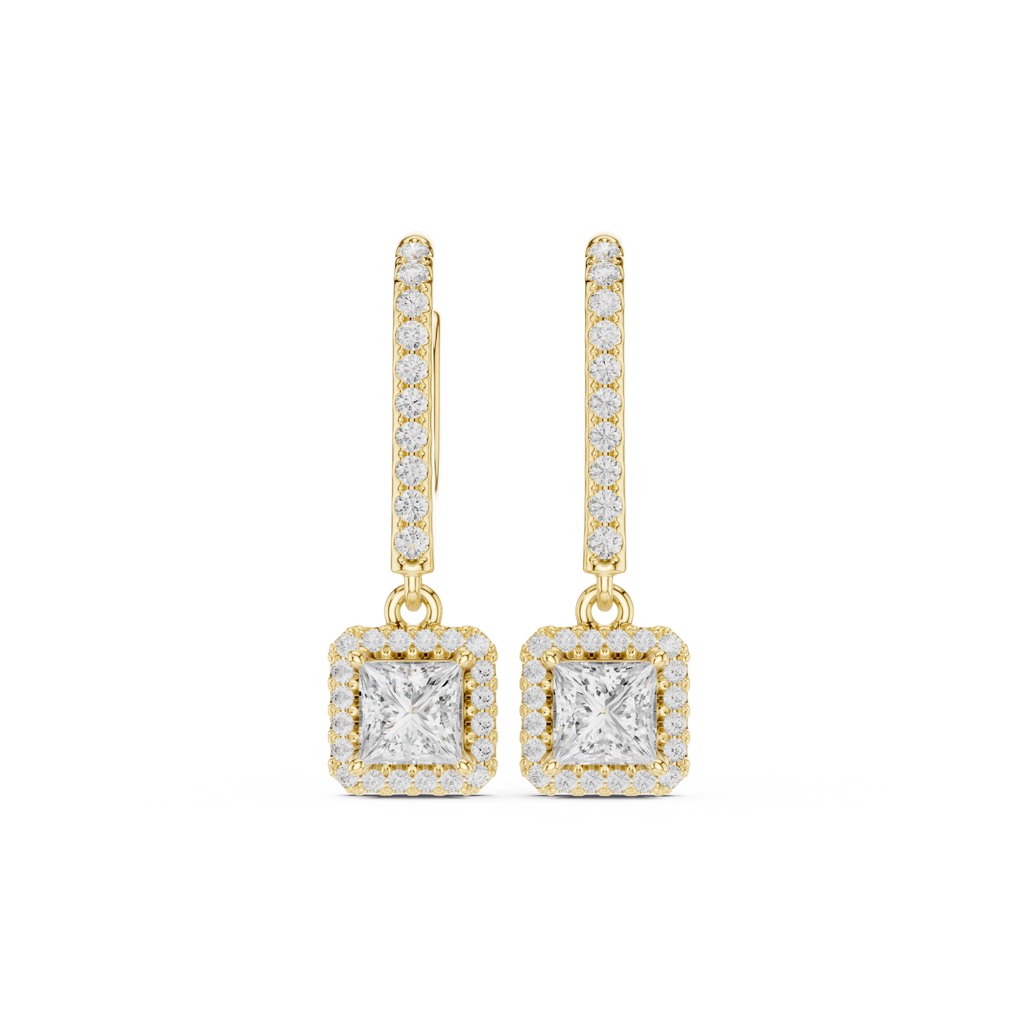 0.83ctw Princess Cut Diamond Halo Drop Huggie Earrings - Yellow Gold