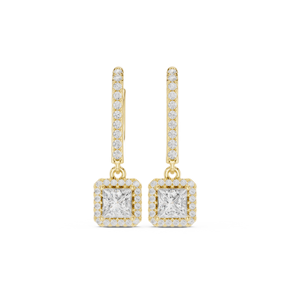 0.83ctw Princess Cut Diamond Halo Drop Huggie Earrings - Yellow Gold