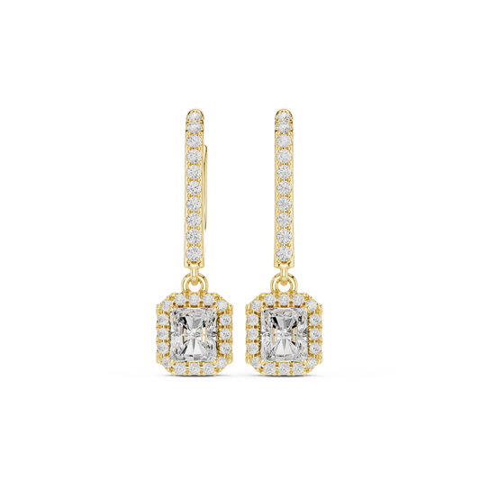 0.83 Carat Radiant Cut Diamond Halo Drop Huggie Earrings - Yellow Gold