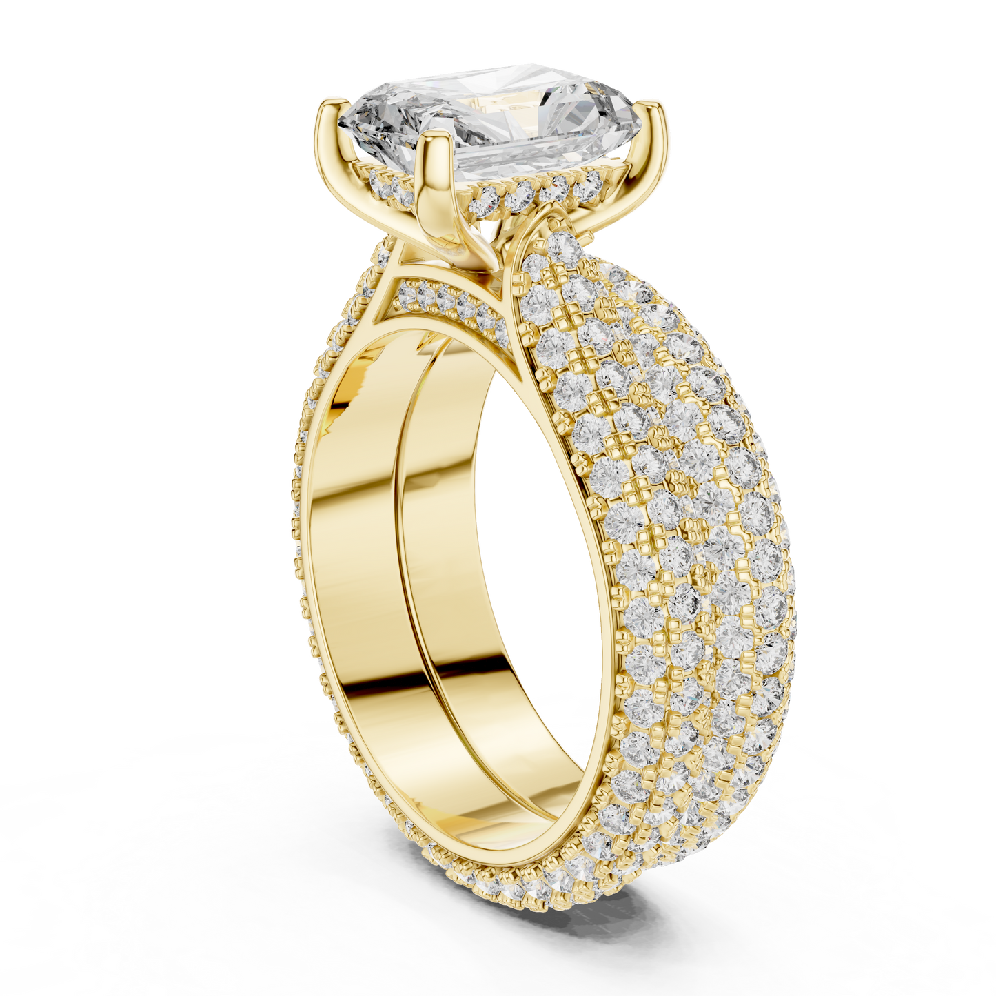 5.20CTW Radiant Cut Diamond Luxury Triple-Row Pave Statement Ring in Gold