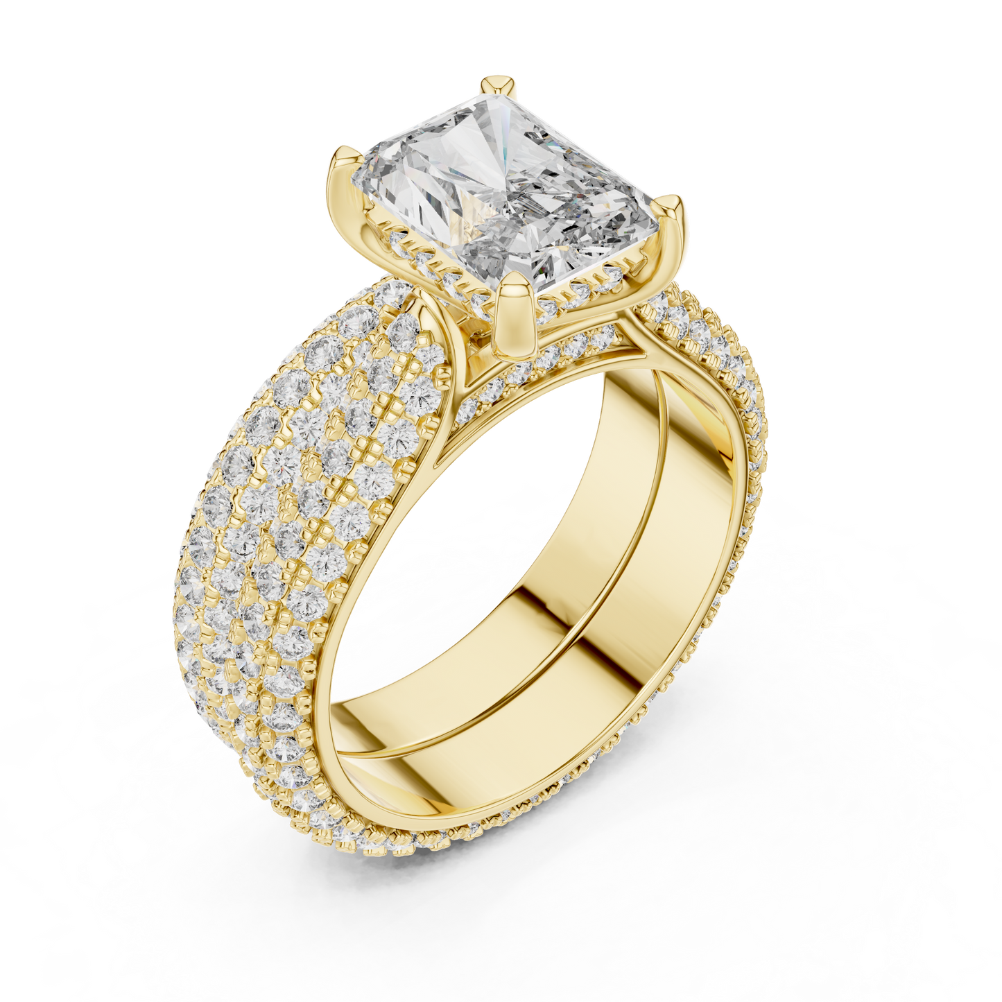 5.20CTW Radiant Cut Diamond Luxury Triple-Row Pave Statement Ring in Gold