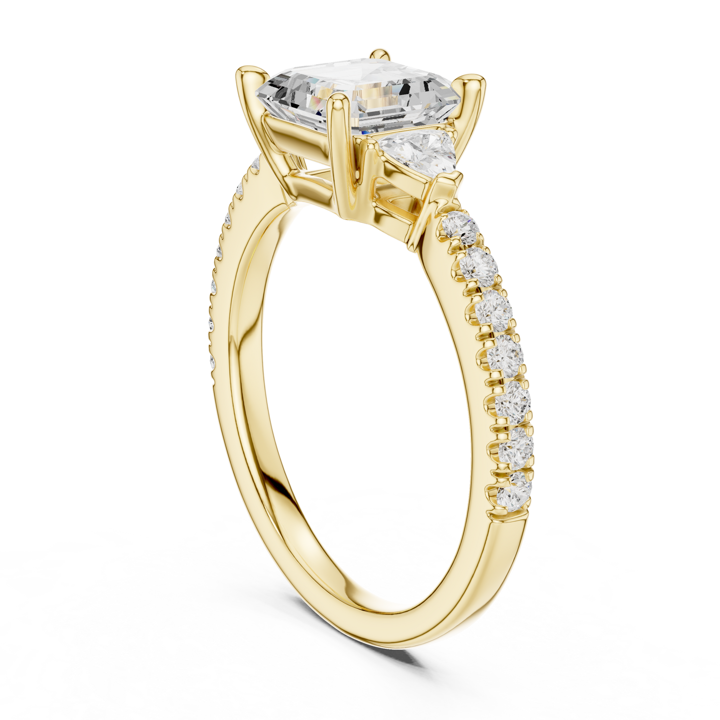 1.96ctw Asscher Cut 3-Stone Diamond Ring in Yellow Gold Pavé Setting
