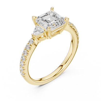 1.96ctw Asscher Cut 3-Stone Diamond Ring in Yellow Gold Pavé Setting
