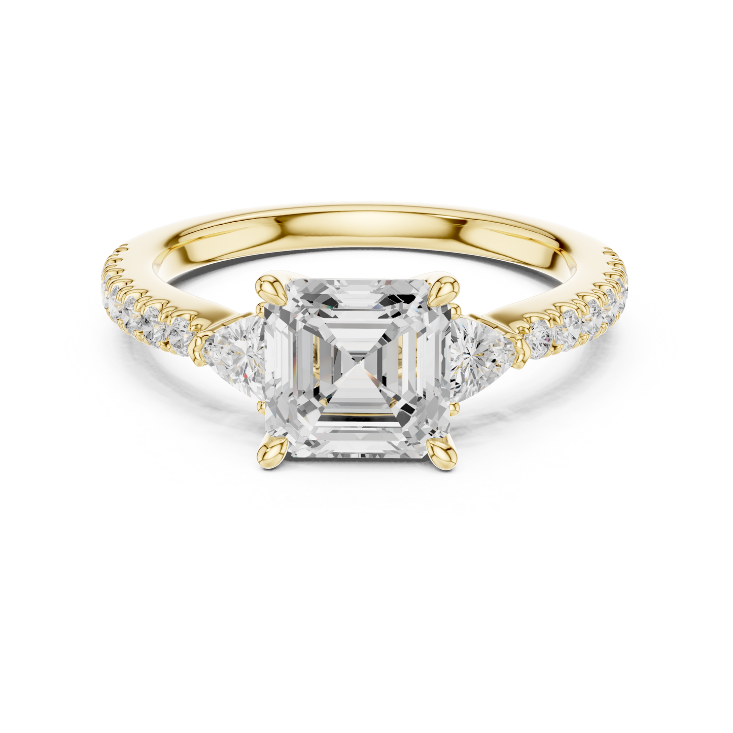 1.96ctw Asscher Cut 3-Stone Diamond Ring in Yellow Gold Pavé Setting