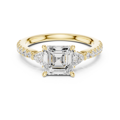 1.96ctw Asscher Cut 3-Stone Diamond Ring in Yellow Gold Pavé Setting