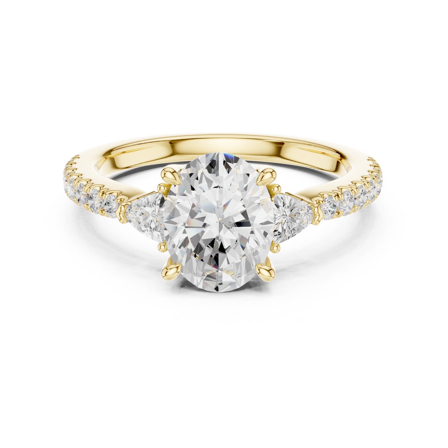 1.96ctw Oval Shaped Diamond Three-Stone Engagement Ring in Yellow Gold