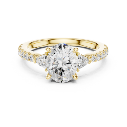 1.96ctw Oval Shaped Diamond Three-Stone Engagement Ring in Yellow Gold