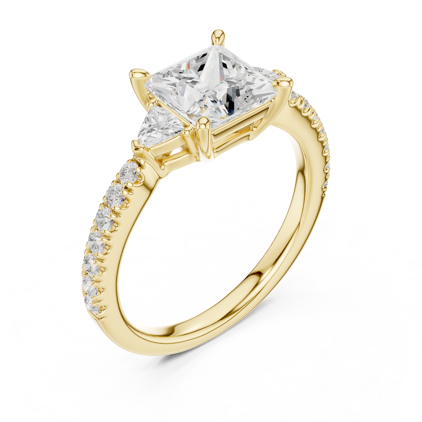 1.96ctw Princess Shaped Diamond Three-Stone Engagement Ring in Yellow Gold