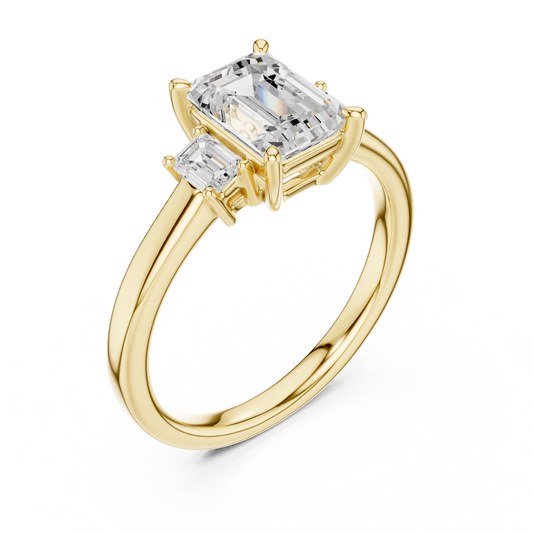 1.70ctw Emerald Shaped Diamond Three-Stone Engagement Ring in Yellow Gold