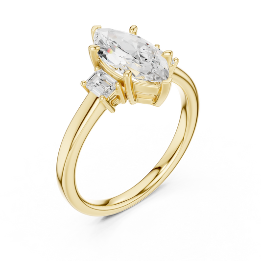1.70ctw Marquise & Emerald Shaped Diamond Three-Stone Engagement Ring in Yellow Gold