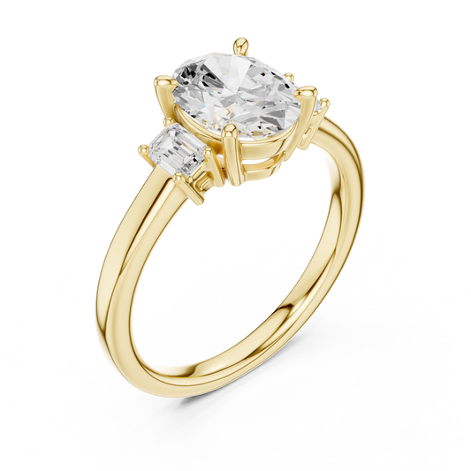 1.70ctw Oval & Emerald Shaped Diamond Three-Stone Engagement Ring in Yellow Gold
