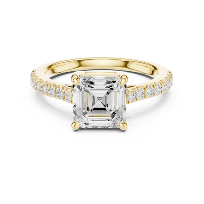 2.30ctw Asscher Cut Diamond Pavé Ring | Yellow Gold Solitaire