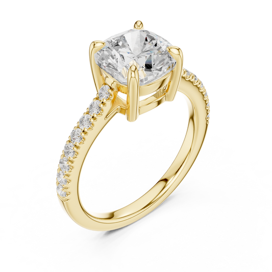 2.30ctw Cushion Cut Diamond Pavé Ring | Yellow Gold Solitaire