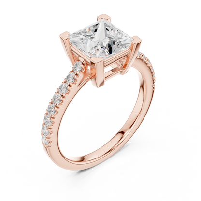 2.30ctw Princess Shaped Diamond Pavé Ring | Yellow Gold Solitaire