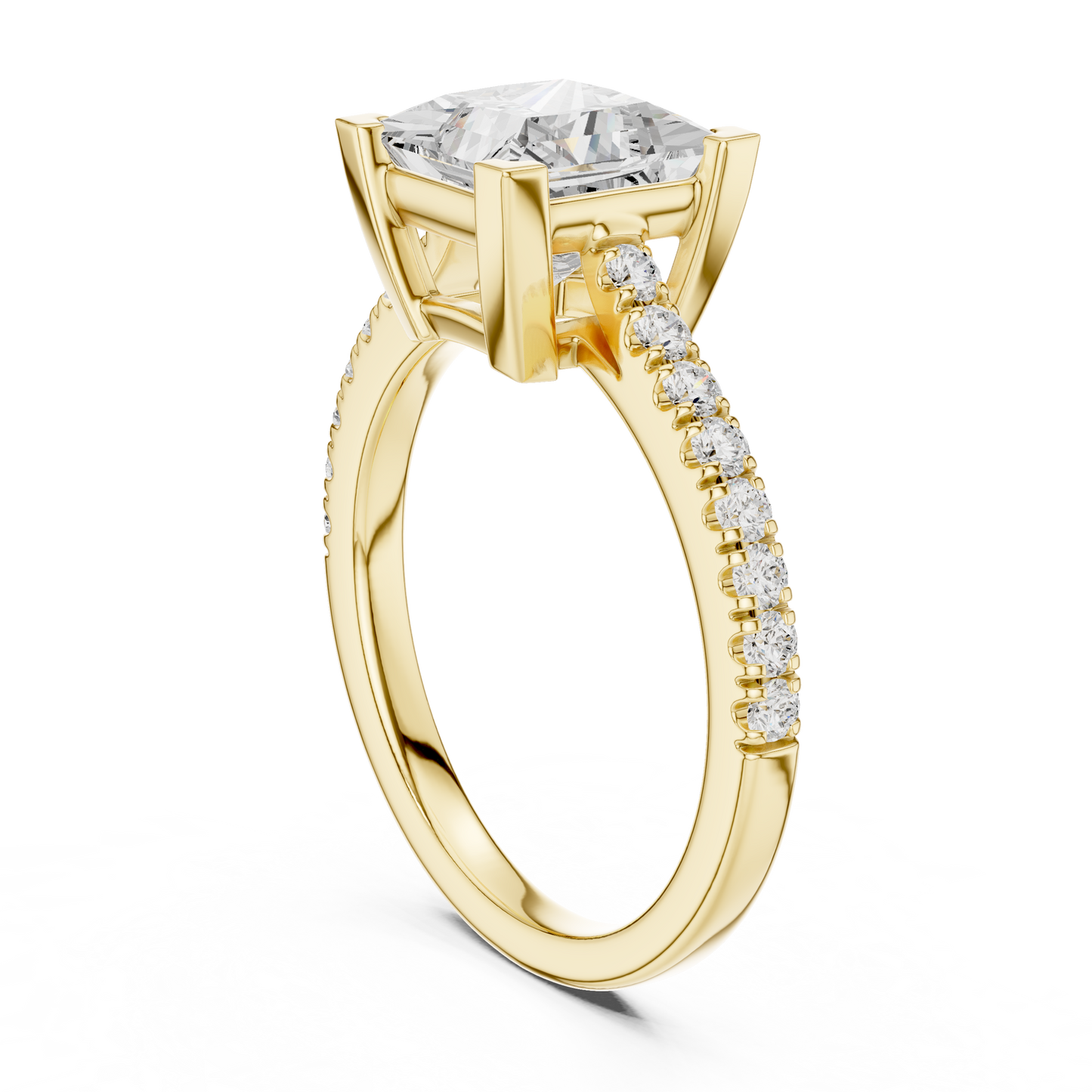 2.30ctw Princess Shaped Diamond Pavé Ring | Yellow Gold Solitaire