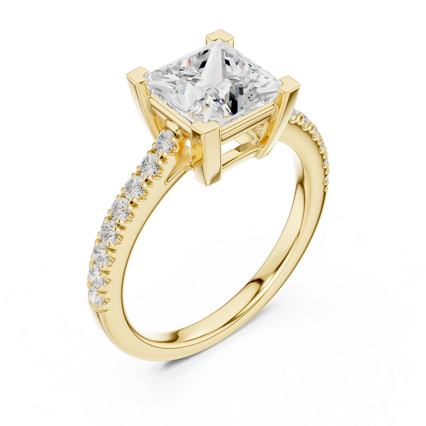2.30ctw Princess Shaped Diamond Pavé Ring | Yellow Gold Solitaire