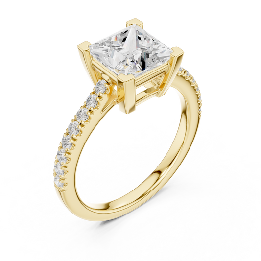 2.30ctw Princess Shaped Diamond Pavé Ring | Yellow Gold Solitaire