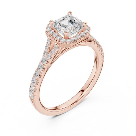 1.39ctw Asscher-Cut Diamond Halo Split Shank Pavé Bridal Ring | Yellow Gold
