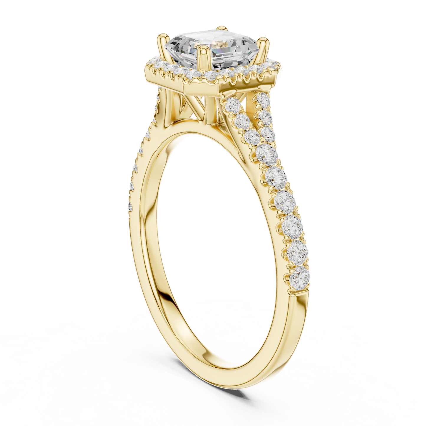 1.39ctw Asscher-Cut Diamond Halo Split Shank Pavé Bridal Ring | Yellow Gold