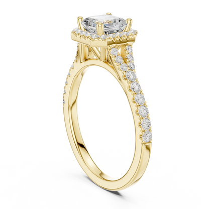 1.39ctw Asscher-Cut Diamond Halo Split Shank Pavé Bridal Ring | Yellow Gold